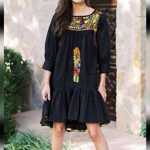 Mi Golondrina Black Floral Embroidered Dress with Ruffle Hem, size Small